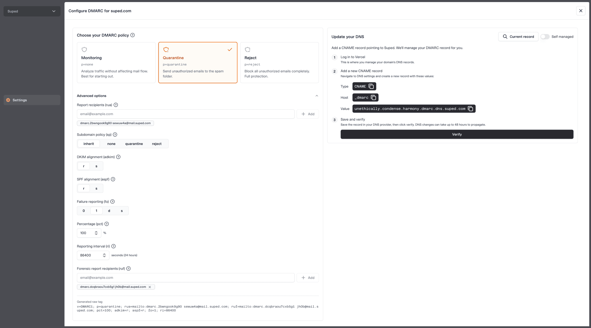Hosted DMARC management and policy staging